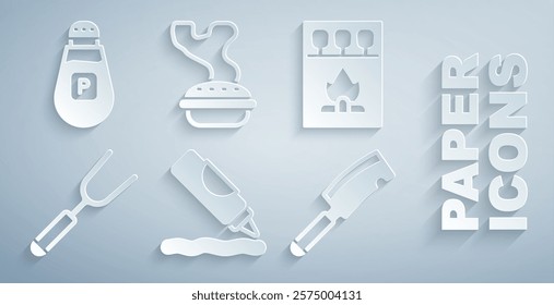 Set Ketchup bottle, Matchbox and matches, Barbecue fork, Meat chopper, Homemade pie and Pepper icon. Vector