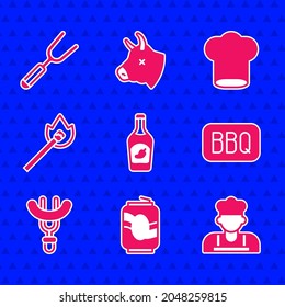 Set Ketchup bottle, Soda can, Cook, Barbecue, Sausage on the fork, Burning match with fire, Chef hat and  icon. Vector