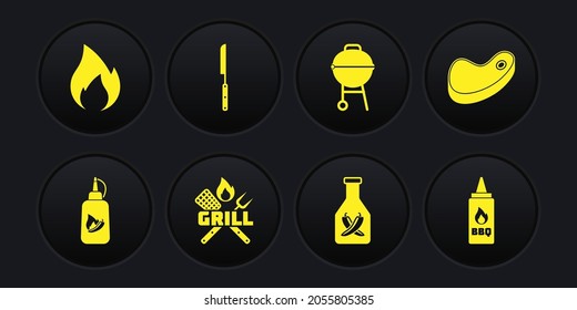 Set Ketchup Flasche, Steak Fleisch, Crossed Gabel und Spatel, Barbecue Grill, Messer, Feuer Flamme Symbol. Vektorgrafik