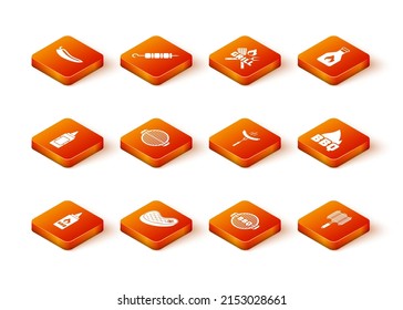 Set Ketchup bottle, Steak meat, Mustard, Barbecue grill, Sausage on the fork, steel grid and fire flame icon. Vector