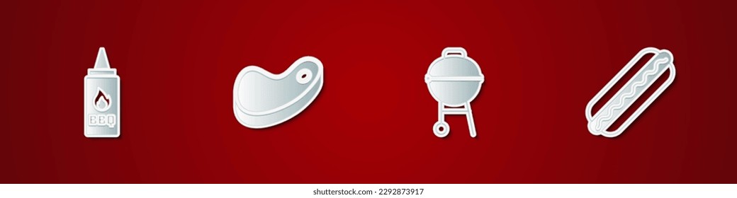 Set Ketchup bottle, Steak meat, Barbecue grill and Hotdog sandwich icon. Vector