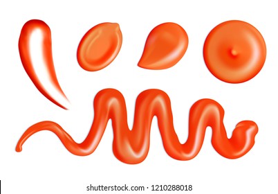 Set of ketchup splash or tomato sauce blobs isolated on white background. Realistic vector illustration of catsup dollops or pomidor splash drops collection