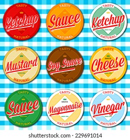 Set of ketchup, vinegar, mustard, soy, cheese and mayonnaise sauce vintage labels on blanket