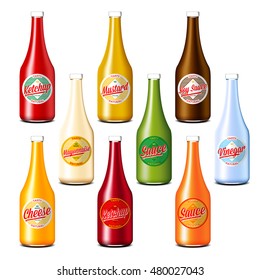 Set of ketchup, vinegar, mustard, soy, cheese and mayonnaise sauce bottles