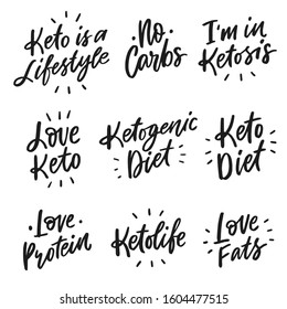 Set of keto diet hand drawn lettering words for overlay, print. Typographic sign diets for packaging, menu.