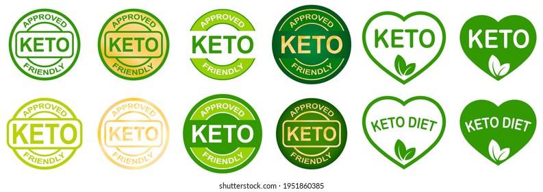 Set Of Keto Stamps. Love Keto. Ketogenic Diet. Plant Based Vegan Food Product Label. Green Heart-shaped Stamp. Logo Or Icon. Sticker. Vegeterian.Keto Approved Friendly. 2 Small Leaves