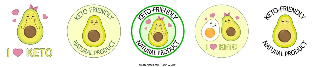 Set of keto stamps. Love keto. Ketogenic diet. Plant based vegan food product label. Green round stamp. Logo or icon. Sticker. Vegeterian. Keto approved friendly. Avocado