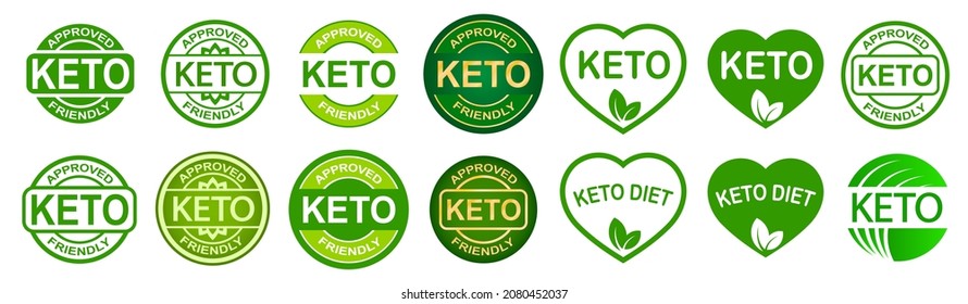 Set of keto stamps. Love keto. Ketogenic diet. Plant based vegan food product label. Green heart-shaped stamp. Logo or icon. Sticker. Vegeterian.Keto approved friendly. 2 small leaves