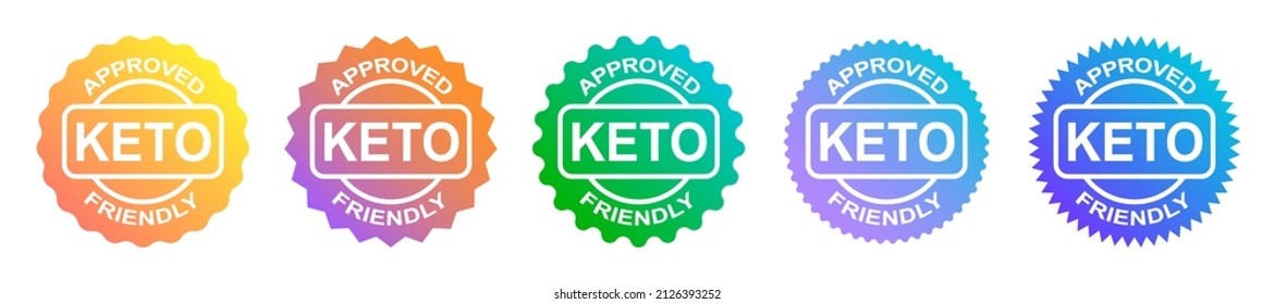 Set Of Keto Stamps. Love Keto. Ketogenic Diet. Plant Based Vegan Food Product Label. Gradient Logo Or Icon. Sticker. Vegetarian.Keto Approved Friendly.