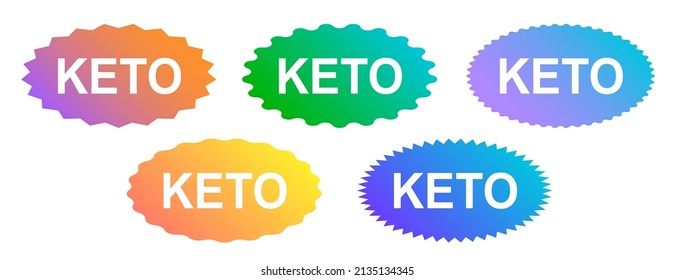Set of keto stamps. Love keto. Ketogenic diet. Plant based vegan food product label. Gradient logo or icon. Sticker. Vegetarian.Keto approved friendly.