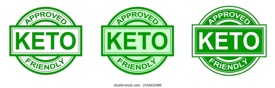 Set Of Keto Stamps. Love Keto. Ketogenic Diet. Plant Based Vegan Food Product Label. Green Round Stamp. Logo Or Icon. Sticker. Vegetarian.Keto Approved Friendly. 