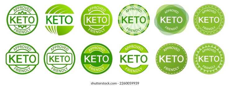 Juego de sellos de teclado. Me encanta. dieta cetogénica. Etiqueta del producto vegetal vegano. Sello verde en forma de corazón. Logo o icono. Pegatina. Vegetariano.Keto aprobado amigable