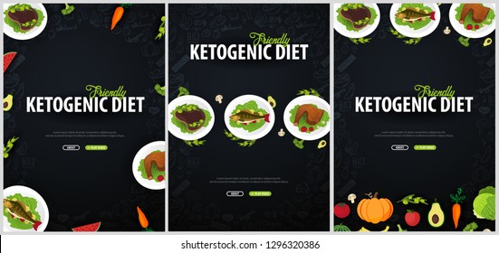 Set of Ketogenic Diet banners, Healty Keto food. Low carbs ketogenic diet food. Vector Illustration