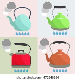 Set of kettle boils with water flat style vector illustration. Kitchen utensils stock illustration.