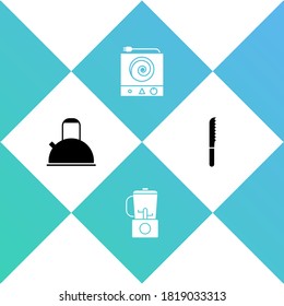 Set Kettle with handle, Blender, Electric stove and Bread knife icon. Vector.