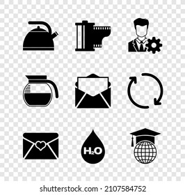 Set Kettle with handle, Camera film roll cartridge, Profile settings, Envelope Valentine heart, Water drop H2O and Graduation cap on globe icon. Vector