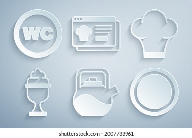Set Kettle with handle, Chef hat, Ice cream in bowl, Plate, Online ordering delivery and Toilet icon. Vector