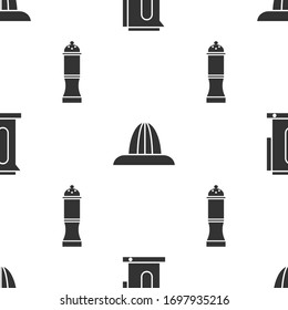 Set Kettle with handle, Citrus fruit juicer and Pepper on seamless pattern. Vector
