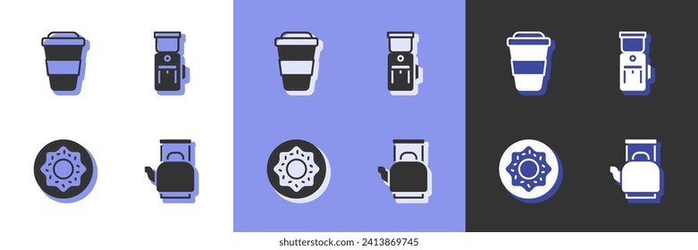 Set Kettle with handle, Coffee cup to go, Donut and Electric coffee grinder icon. Vector