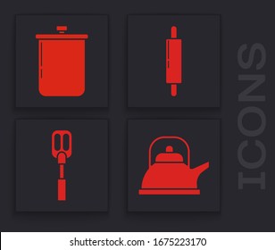 Set Kettle with handle , Cooking pot , Rolling pin  and Spatula  icon. Vector