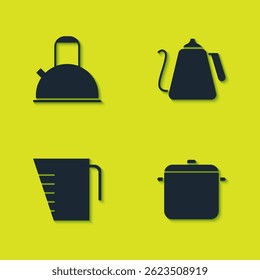 Set Kettle with handle, Cooking pot, Measuring cup and  icon. Vector