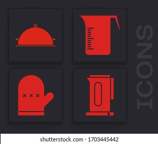 Set Kettle with handle, Covered with a tray of food, Measuring cup and Oven glove icon. Vector