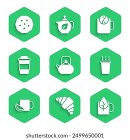 Set Kettle with handle, Croissant, Cup of tea leaf, lemon, Tea time and Cookie or biscuit icon. Vector