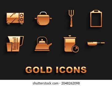 Set Kettle with handle, Cutting board, Frying pan, Cooking pot kitchen timer, Measuring cup, Fork, Microwave oven and icon. Vector