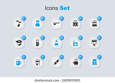 Set Kettle with handle, Electric coffee grinder, Pour over maker, Cup tea bag, Bag beans, Cake, Coffee and Milk bottle icon. Vector