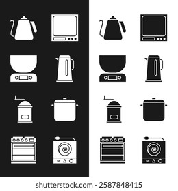 Set Kettle with handle, Electronic scales, Manual coffee grinder, Cooking pot, Electric stove and Oven icon. Vector