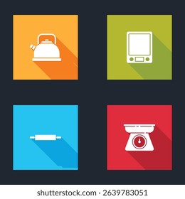 Set Kettle with handle, Electronic scales, Rolling pin and Scales icon. Vector