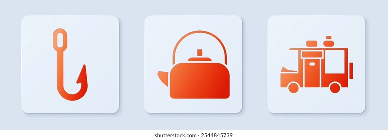 Set Kettle with handle, Fishing hook and Rv Camping trailer. White square button. Vector