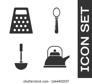 Set Kettle with handle , Grater , Kitchen ladle  and Spoon  icon. Vector