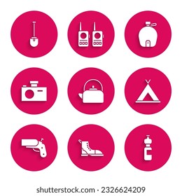 Set Kettle with handle, Hiking boot, Bottle of water, Tourist tent, Flare gun pistol, Photo camera, Canteen bottle and Shovel icon. Vector