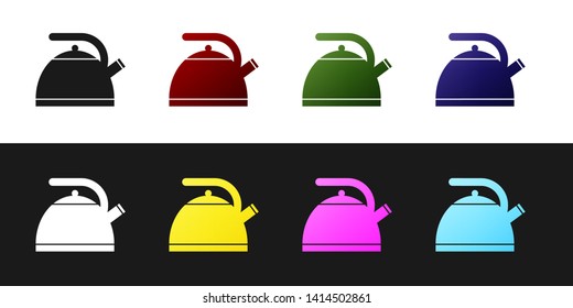 Set Kettle with handle icon isolated on black and white background. Teapot icon. Vector Illustration