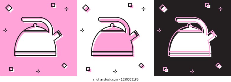 Set Kettle with handle icon isolated on pink and white, black background. Teapot icon.  Vector Illustration
