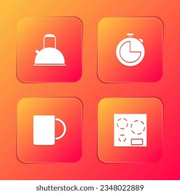 Set Kettle with handle, Kitchen timer, Coffee cup and Electric stove icon. Vector