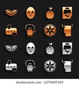 Set Kettle with handle, Leaf document, Towel on hanger, plant nature, Bar of soap foam, Apple, Citrus fruit and Facial cosmetic mask icon. Vector