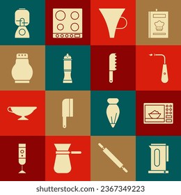 Set Kettle with handle, Microwave oven, Long electric lighter, Funnel or filter, Pepper, Salt pepper, Blender and Bread knife icon. Vector