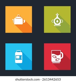 Set Kettle with handle, Oil bottle, Collagen serum and Cup of tea leaf icon. Vector
