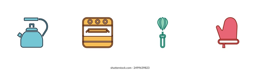 Set Kettle with handle, Oven, Kitchen whisk and glove icon. Vector