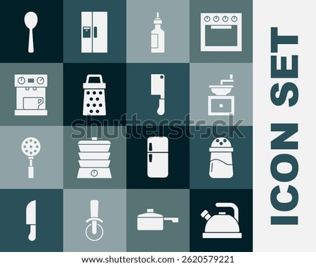 Set Kettle with handle, Salt, Manual coffee grinder, Bottle olive oil, Grater, Coffee machine, Spoon and Meat chopper icon. Vector