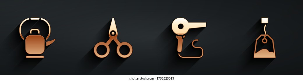 Set Kettle with handle, Scissors, Hair dryer and Tea bag icon with long shadow. Vector