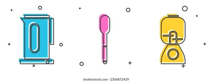 Set Kettle with handle, Spoon and Blender icon. Vector