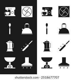 Set Kettle with handle, Spoon, Electric mixer, Ventilation, French press, Frying pan, Kitchen extractor fan and Electronic scales icon. Vector