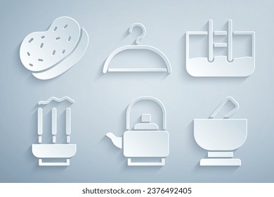 Set Kettle with handle, Swimming pool ladder, Incense sticks, Mortar pestle, Hanger wardrobe and Bath sponge icon. Vector