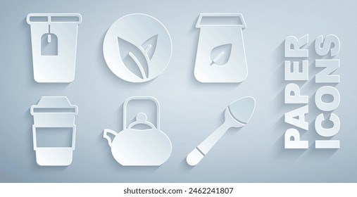 Set Hervidor con mango, Envase de té, Taza de té, Cucharadita, hoja y bolso icono. Vector