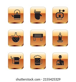 Set Kettle with handle, Towel on hanger, Wooden beer mug, Sauna wood bench, Essential oil bottle, Aftershave, Man in the sauna and mittens icon. Vector