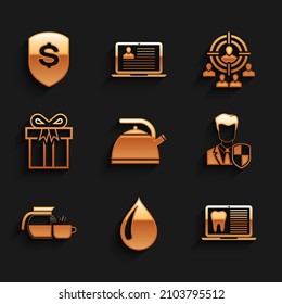 Set Kettle with handle, Water drop, Laptop dental card, User protection, Coffee pot cup and Gift box icon. Vector