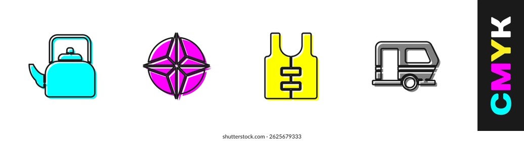 Set Kettle with handle, Wind rose, Life jacket and Rv Camping trailer icon. Vector